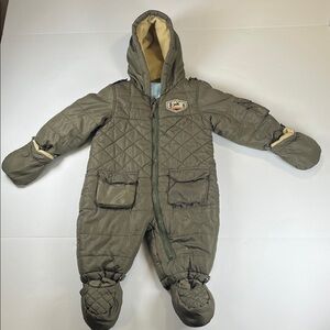 Mini Adorable Olive Green Quilted Weatherproof Kids One Piece Snowsuit Sz 6M